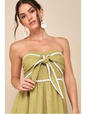Lulu's Delightful Design Green Polka Dot Midi Dress Pockets Size L (17 PTP) NWT